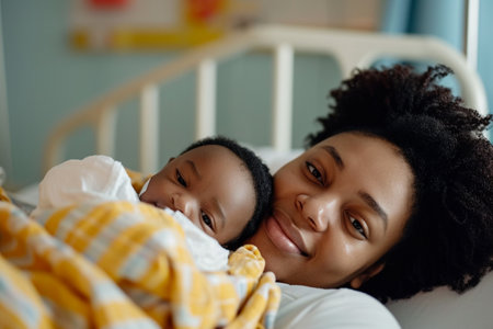 african american mother and daughter lying in bed and looking at cameraの素材