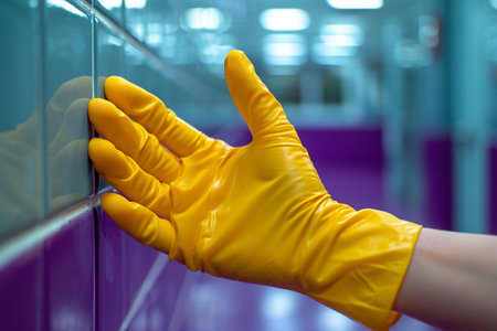 hand in yellow rubber glove cleaning the corridor of a modern office buildingの素材