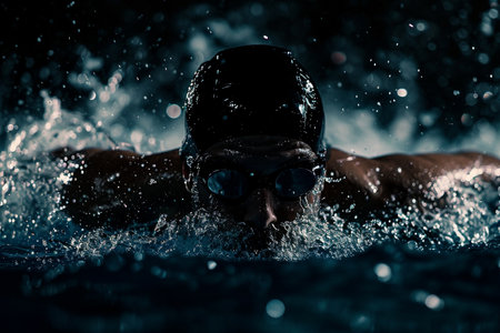 Portrait of a male swimmer in cap and goggles on dark backgroundの素材