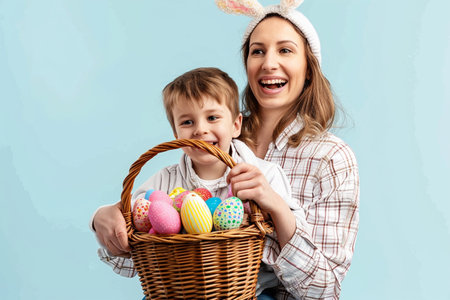 Happy mother and son with basket of easter eggs on blue backgroundの素材
