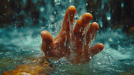 Close-up of human hand in the water with splashes.の素材