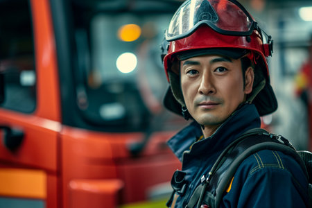 Portrait of Asian fireman standing in front of firetruckの素材