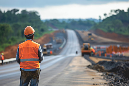 Worker on the road construction site. Asphalt road construction.の素材