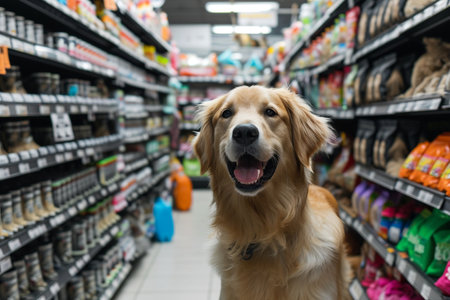 Golden Retriever dog in the supermarket. Selective focus.の素材