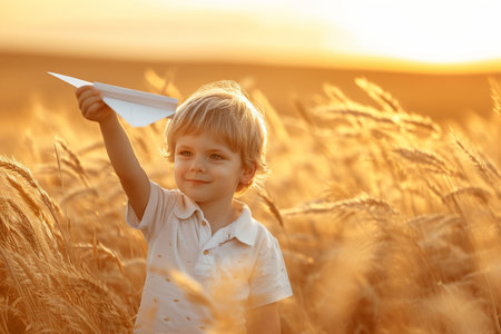 Cute little boy playing with paper airplane in wheat field at sunsetの素材
