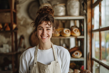 Portrait of a smiling young woman in apron standing in bakeryの素材