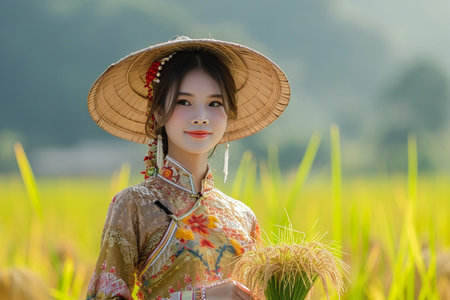 Beautiful asian woman wearing traditional thai dress in rice fieldの素材