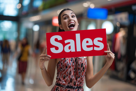 Portrait of young asian woman holding sale sign in shopping mallの素材