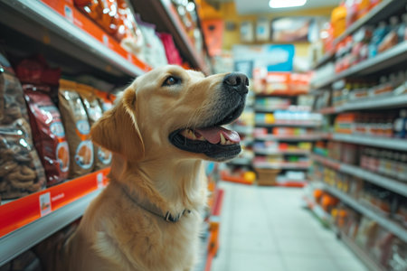 Golden Retriever in the supermarket. Dog in the store.の素材