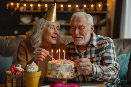 Happy senior couple celebrating birthday with cake and candles at home in the living roomの素材