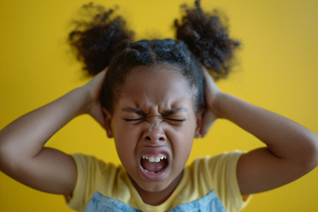 Close up portrait of a young african american girl crying on yellow backgroundの素材