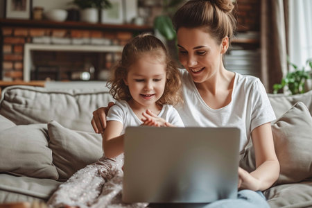 Beautiful young mother and her little daughter are using a laptop and smiling while sitting on the couch at homeの素材