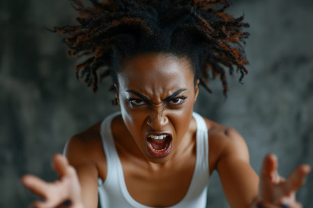 Angry african american young woman screaming. Portrait of angry female screaming.の素材