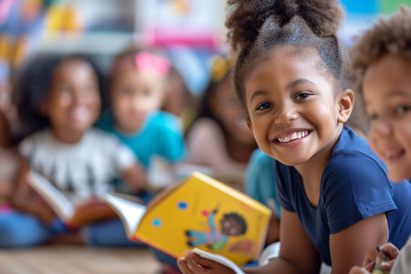 Portrait of smiling african american girl reading book with friends in backgroundの素材