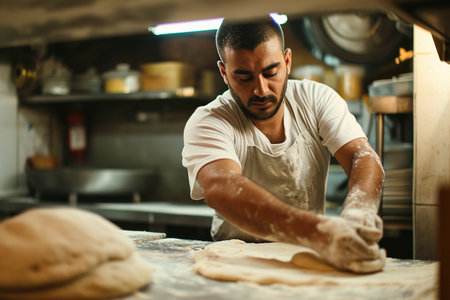 Man kneading dough in the kitchen of a restaurant or bakeryの素材