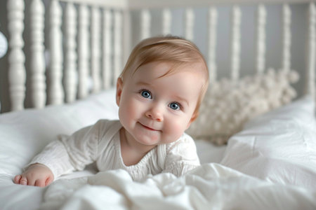 Portrait of adorable baby girl lying on bed at home. Adorable little child looking at camera and smilingの素材