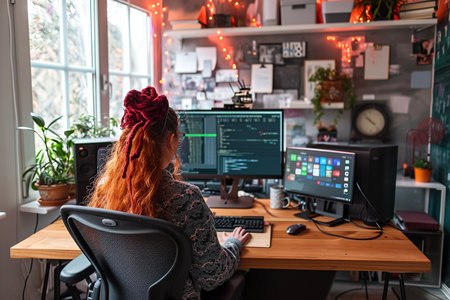 Side view of a female programmer working on a computer in a creative officeの素材