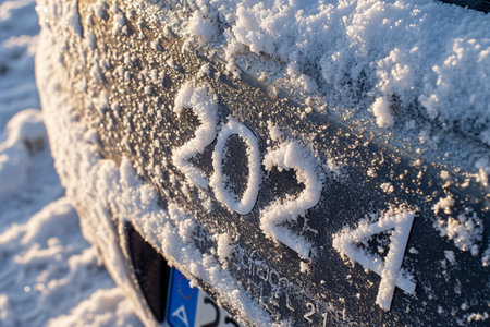 Close up of car covered with hoarfrost and snow in winterの素材