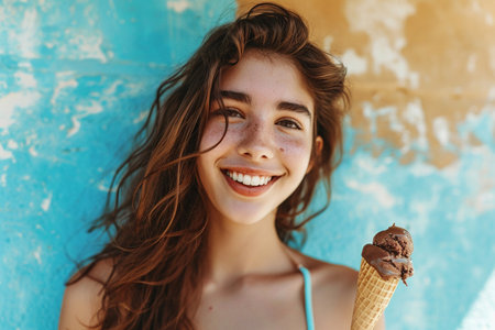 Close up portrait of a smiling young woman in swimsuit eating ice cream cone outdoorsの素材