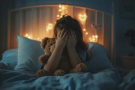 Sad little girl sitting in bed with teddy bear and looking at cameraの素材