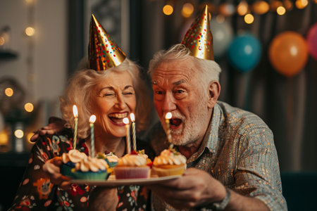Elderly couple celebrating birthday and blowing out candles on cake.の素材
