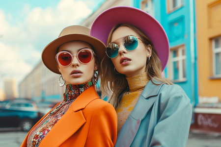 Fashion photo of two stylish girls in hats and coats on the streetの素材