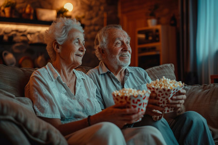 Happy senior couple watching movie at home. They are sitting on the sofa and eating popcorn.の素材