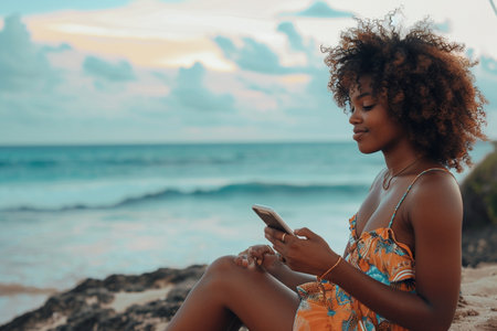 Young african american woman sitting on the beach and using mobile phoneの素材