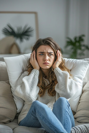 Upset young woman sitting on sofa in living room and touching her headの素材