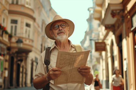 Senior tourist with map in the city. Elderly man in hat and glasses is traveling on the street.の素材