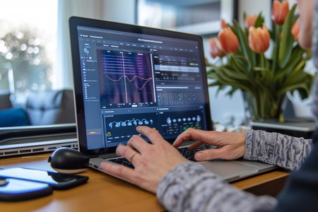 Close-up of male hands typing on laptop keyboard in coffee shopの素材