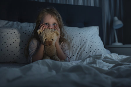 Cute little girl playing with her teddy bear in bed at nightの素材