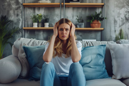 depressed young woman sitting on sofa and touching head in living roomの素材