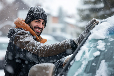Handsome smiling man in winter clothes leaning on the hood of a carの素材