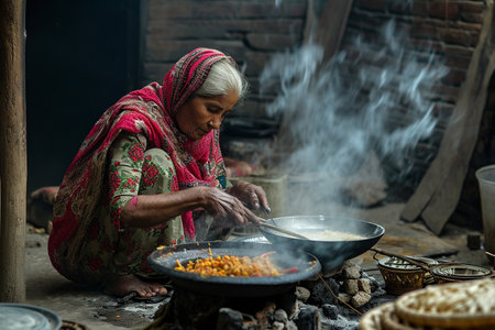 An old woman cooks a meal in the kitchen.の素材