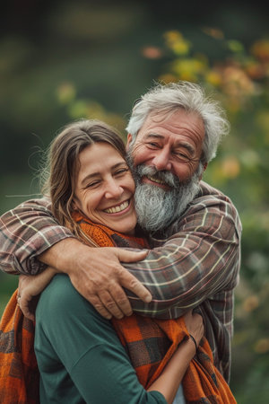 Portrait of a happy senior couple hugging in the garden. They are smiling.の素材