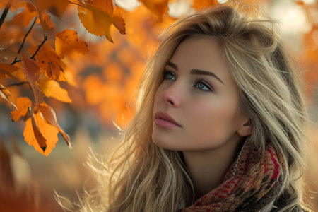 Portrait of a beautiful girl on a background of autumn trees.の素材