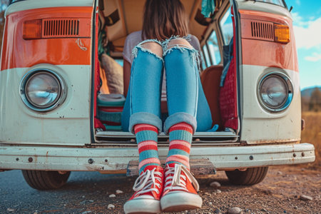 A young woman is sitting in a camper van. Rear view.の素材