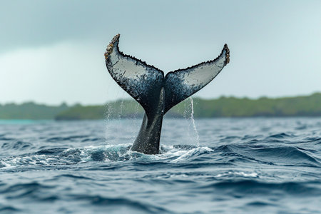 Humpback whale tail splashing out of the ocean in Mauritiusの素材