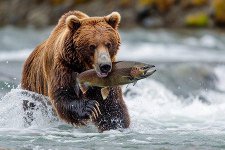 Brown bear chasing salmon in the river. Kamchatka (Ursus arctos beringianus)の素材
