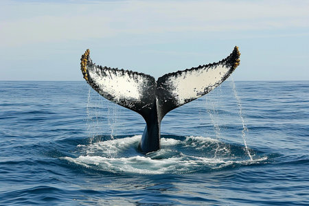Humpback whale tail in the blue sea, Falkland Islands.の素材