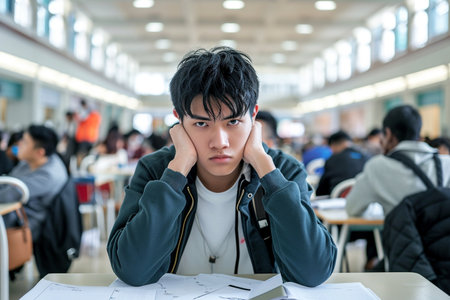 Portrait of stressed Asian student sitting at desk and looking at cameraの素材