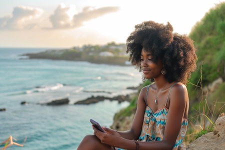 Young african american woman with afro hairstyle using mobile phone sitting on the edge of a cliff at sunsetの素材