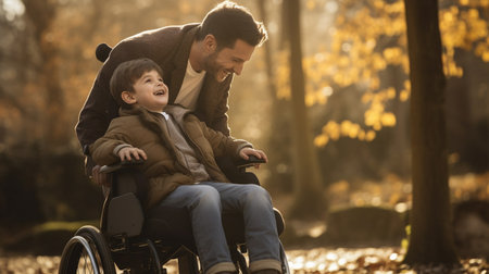 Young man in a wheelchair with his son in the autumn park.の素材