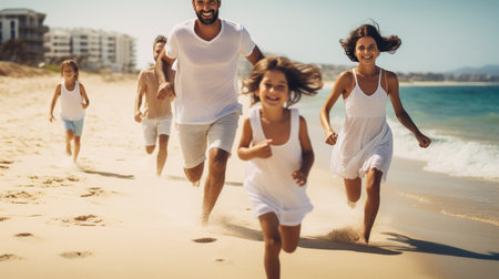 Happy young family running on the beach together on a sunny day.の素材