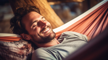 Handsome young man relaxing in hammock on a sunny dayの素材