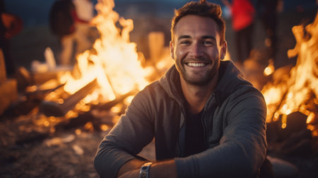 Portrait of smiling man sitting by bonfire at campsite in eveningの素材