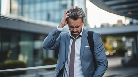 businessman in suit with hand on head and looking away in cityの素材