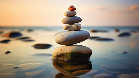 zen stones on the beach at sunset, concept of harmony and balanceの素材