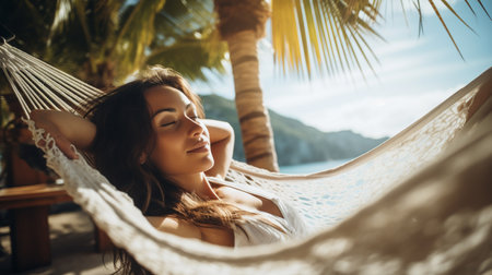 Beautiful young woman relaxing in hammock on the beach. vacation conceptの素材